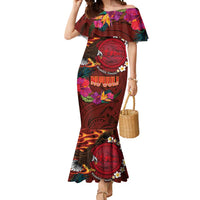 American Samoa Manulele Tausala Nu'uuli Mermaid Dress Tatau Art Pattern with Tropical Plants LT03 Women Red - Polynesian Pride