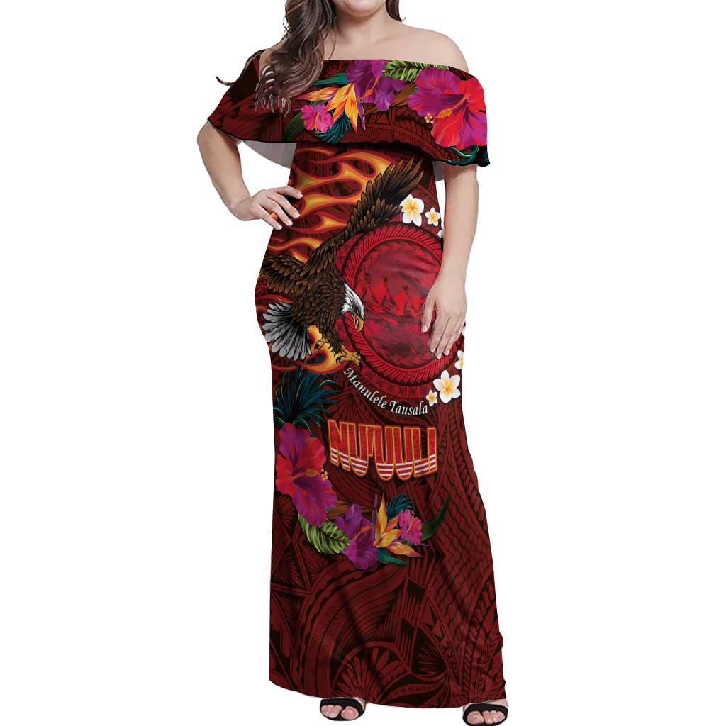 American Samoa Manulele Tausala Nu'uuli Off Shoulder Maxi Dress Tatau Art Pattern with Tropical Plants