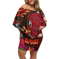 American Samoa Manulele Tausala Nu'uuli Off Shoulder Short Dress Tatau Art Pattern with Tropical Plants LT03 Women Red - Polynesian Pride