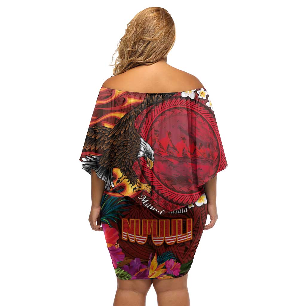 American Samoa Manulele Tausala Nu'uuli Off Shoulder Short Dress Tatau Art Pattern with Tropical Plants LT03 - Polynesian Pride