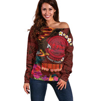 American Samoa Manulele Tausala Nu'uuli Off Shoulder Sweater Tatau Art Pattern with Tropical Plants LT03 Women Red - Polynesian Pride