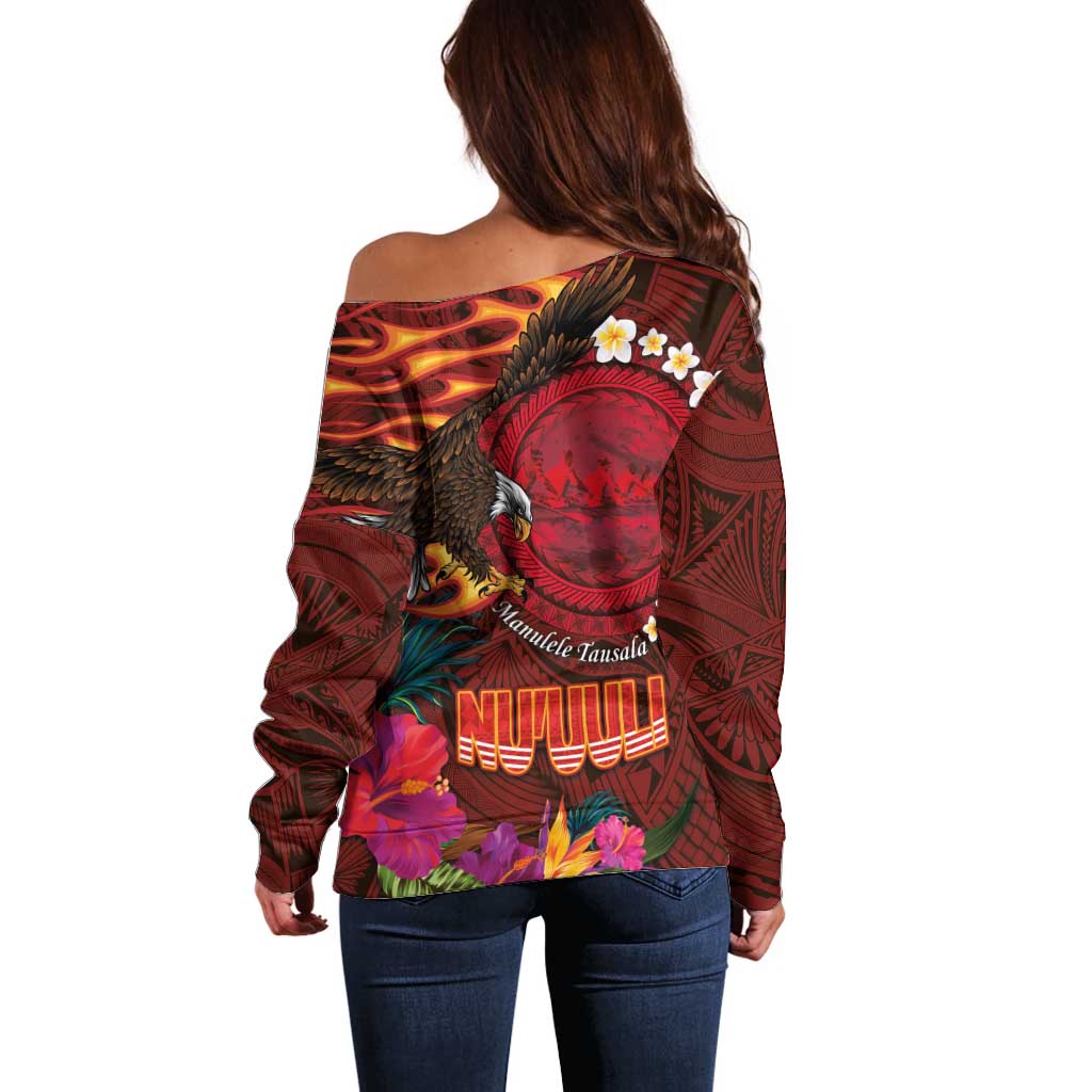 American Samoa Manulele Tausala Nu'uuli Off Shoulder Sweater Tatau Art Pattern with Tropical Plants LT03 - Polynesian Pride