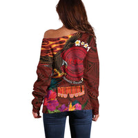 American Samoa Manulele Tausala Nu'uuli Off Shoulder Sweater Tatau Art Pattern with Tropical Plants LT03 - Polynesian Pride