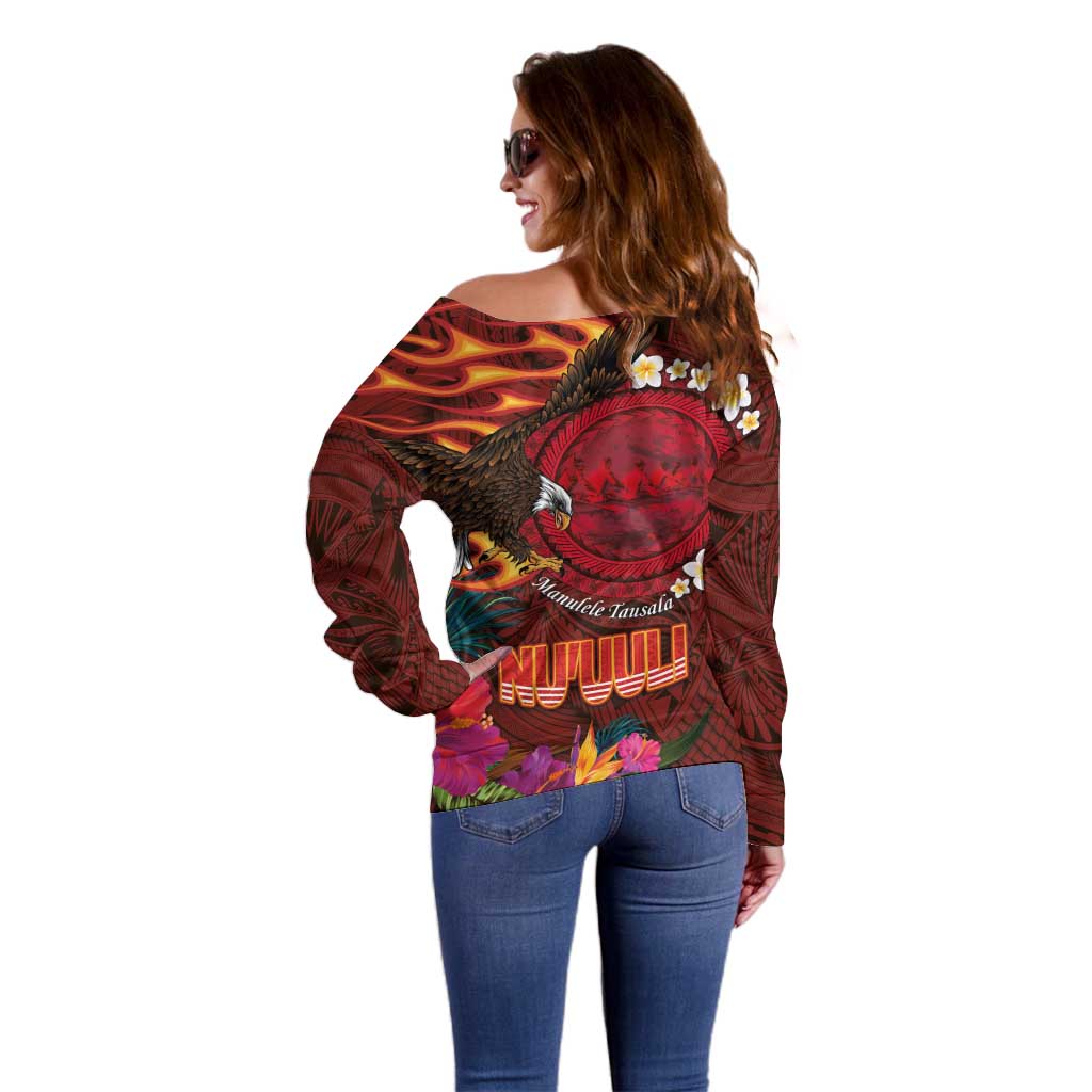 American Samoa Manulele Tausala Nu'uuli Off Shoulder Sweater Tatau Art Pattern with Tropical Plants LT03 - Polynesian Pride