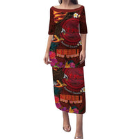 American Samoa Manulele Tausala Nu'uuli Puletasi Tatau Art Pattern with Tropical Plants LT03 Long Dress Red - Polynesian Pride