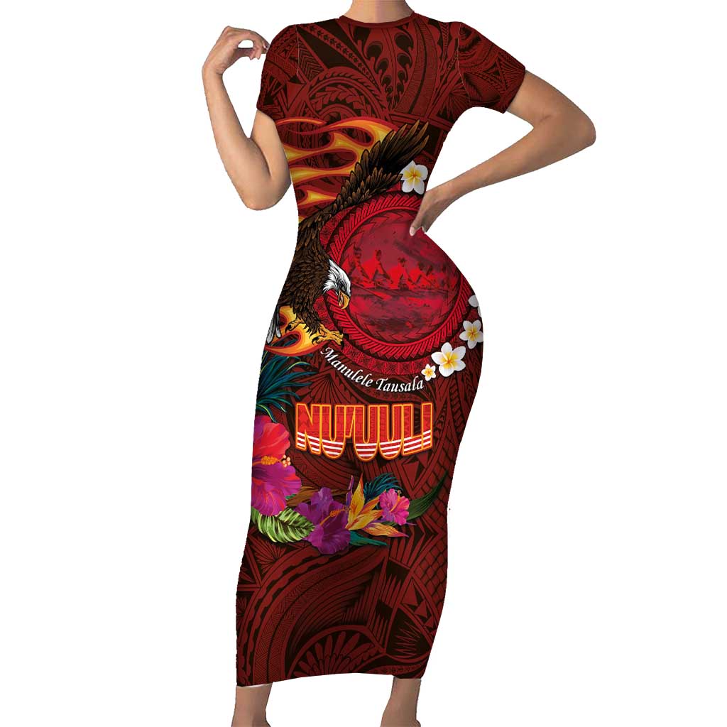 American Samoa Manulele Tausala Nu'uuli Short Sleeve Bodycon Dress Tatau Art Pattern with Tropical Plants