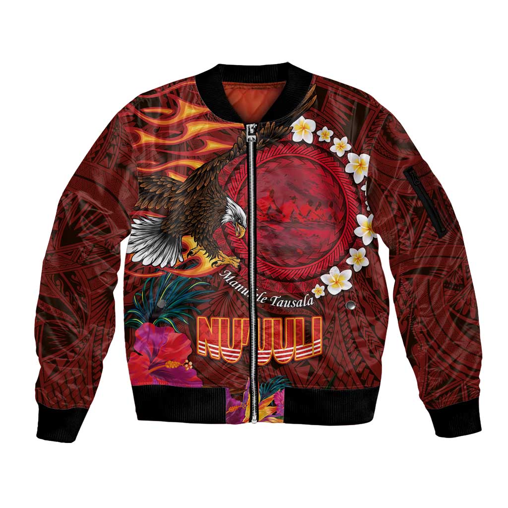 American Samoa Manulele Tausala Nu'uuli Sleeve Zip Bomber Jacket Tatau Art Pattern with Tropical Plants LT03 Unisex Red - Polynesian Pride
