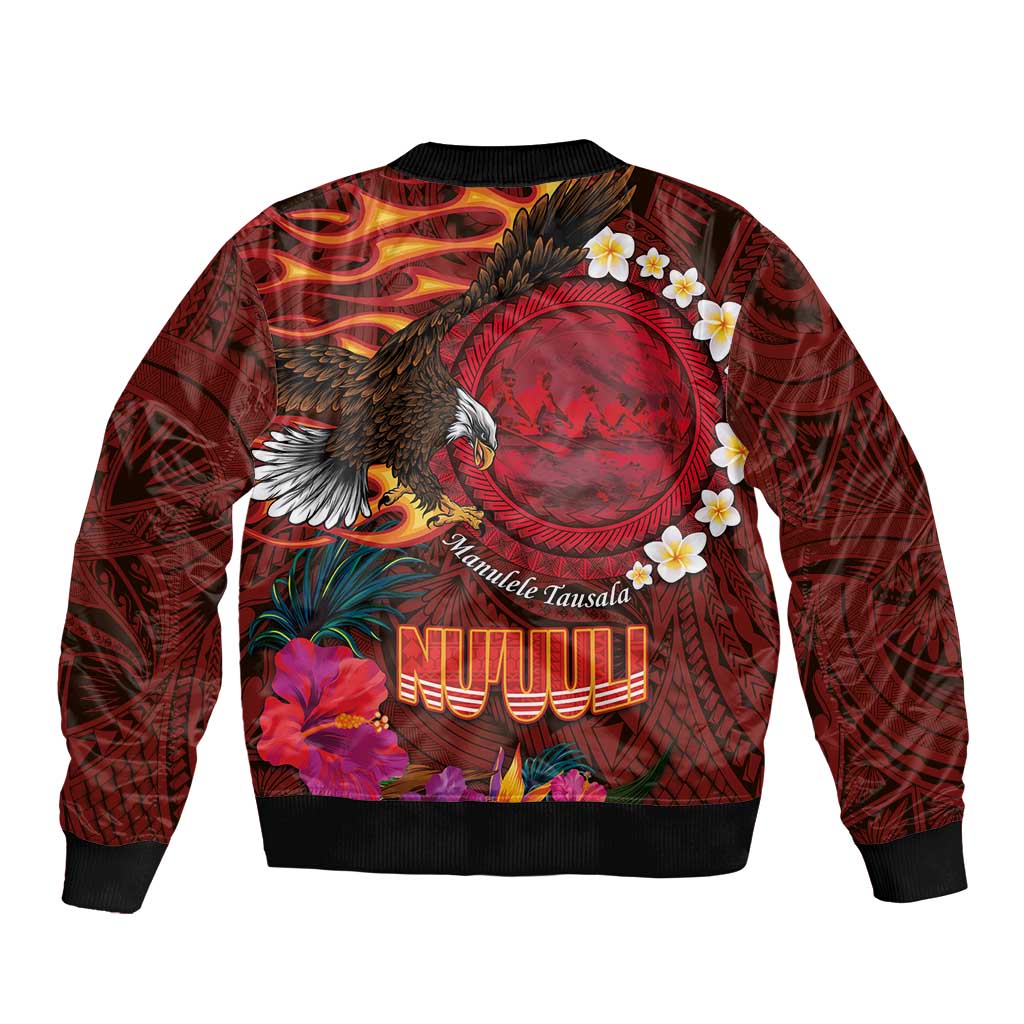 American Samoa Manulele Tausala Nu'uuli Sleeve Zip Bomber Jacket Tatau Art Pattern with Tropical Plants LT03 - Polynesian Pride
