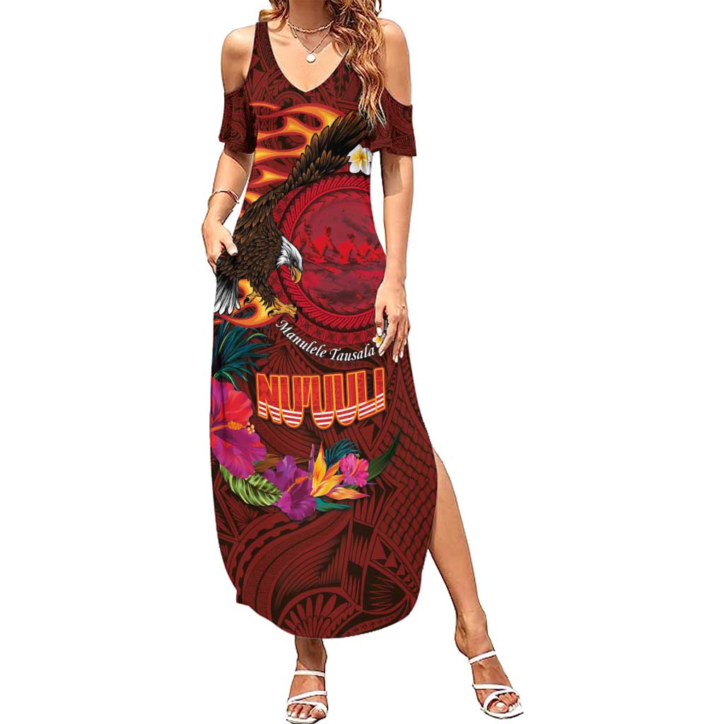 American Samoa Manulele Tausala Nu'uuli Summer Maxi Dress Tatau Art Pattern with Tropical Plants LT03 Women Red - Polynesian Pride