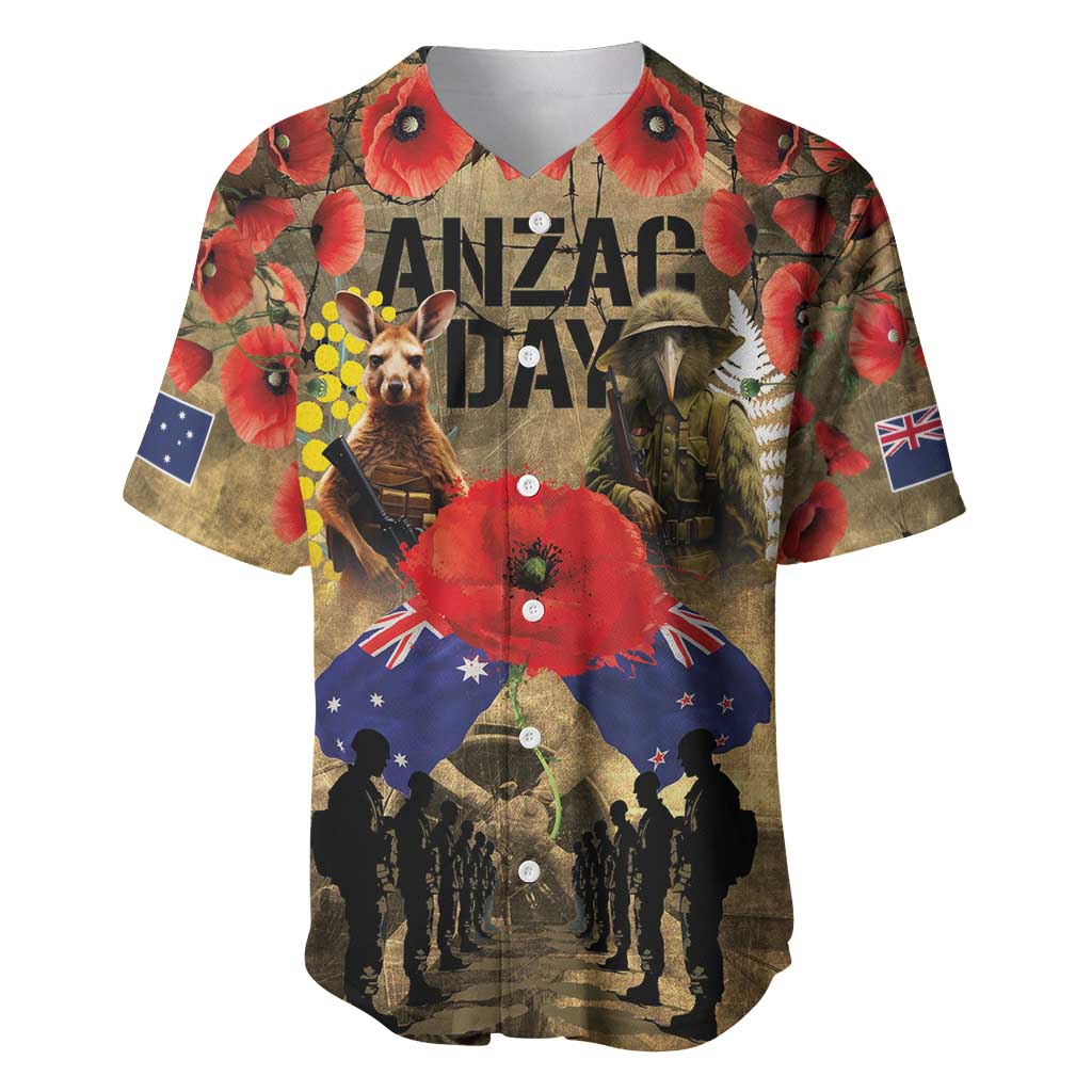 Australia and New Zealand ANZAC Day Baseball Jersey Kangaroo and Kiwi Bird Soldier-Honor and Remember Vintage Style LT03 Beige - Polynesian Pride