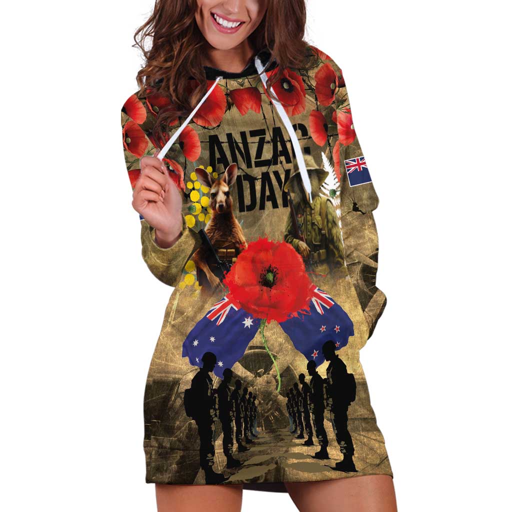 Australia and New Zealand ANZAC Day Hoodie Dress Kangaroo and Kiwi Bird Soldier-Honor and Remember Vintage Style