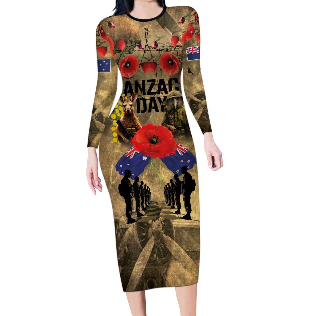 Australia and New Zealand ANZAC Day Long Sleeve Bodycon Dress Kangaroo and Kiwi Bird Soldier-Honor and Remember Vintage Style