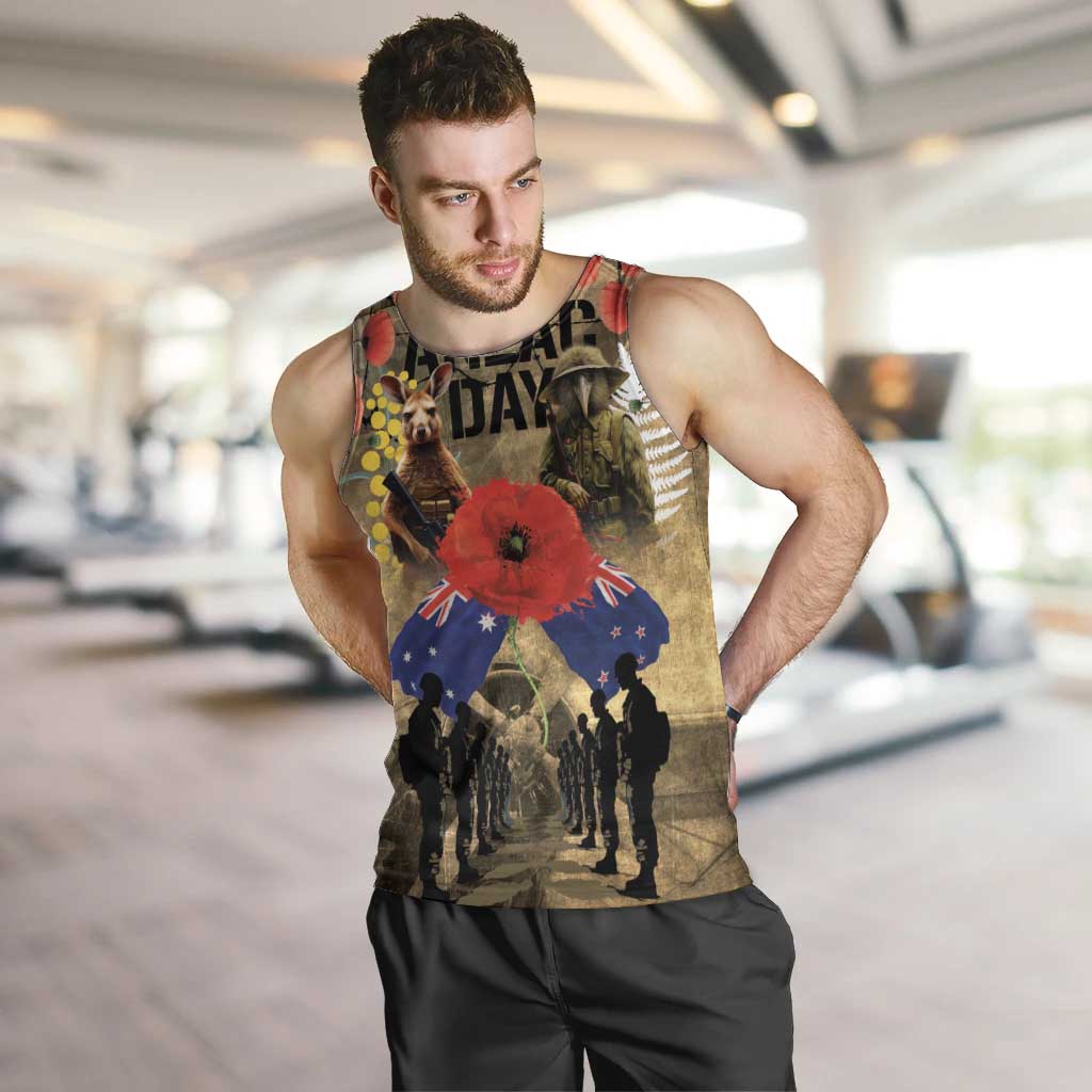 Australia and New Zealand ANZAC Day Men Tank Top Kangaroo and Kiwi Bird Soldier-Honor and Remember Vintage Style