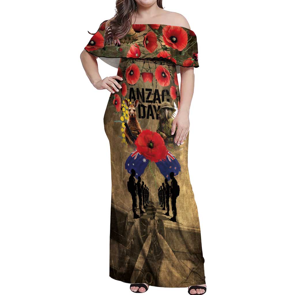 Australia and New Zealand ANZAC Day Off Shoulder Maxi Dress Kangaroo and Kiwi Bird Soldier-Honor and Remember Vintage Style