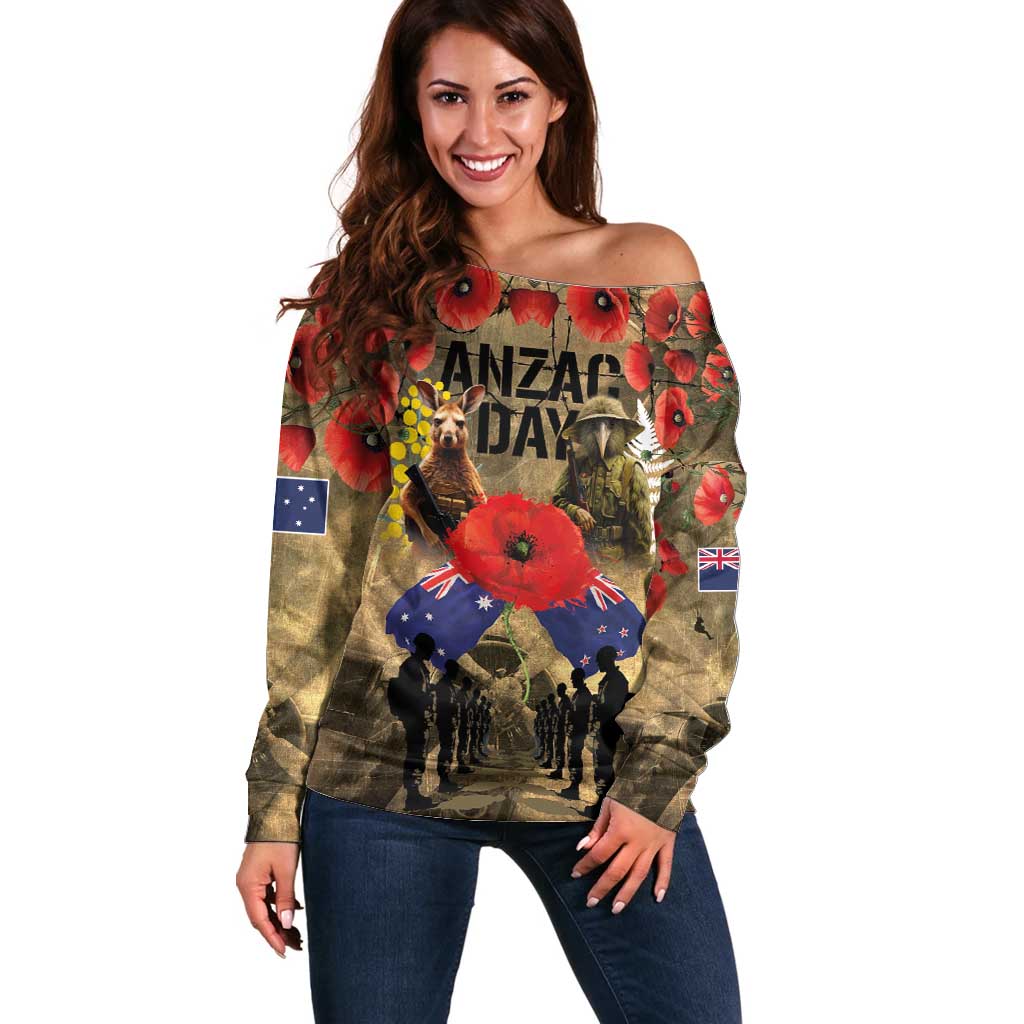 Australia and New Zealand ANZAC Day Off Shoulder Sweater Kangaroo and Kiwi Bird Soldier-Honor and Remember Vintage Style