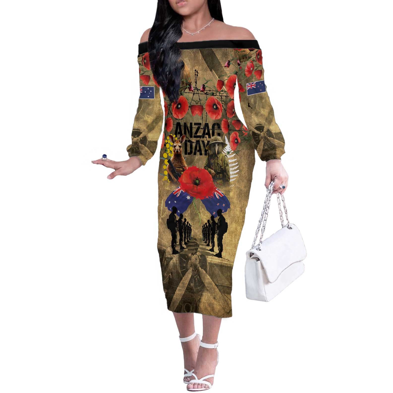 Australia and New Zealand ANZAC Day Off The Shoulder Long Sleeve Dress Kangaroo and Kiwi Bird Soldier-Honor and Remember Vintage Style