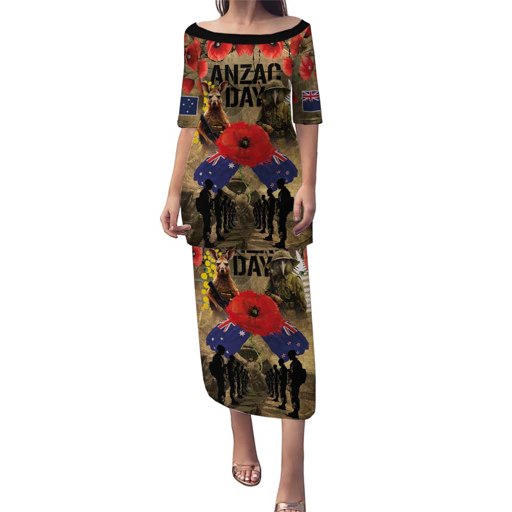 Australia and New Zealand ANZAC Day Puletasi Kangaroo and Kiwi Bird Soldier-Honor and Remember Vintage Style LT03 Long Dress Beige - Polynesian Pride