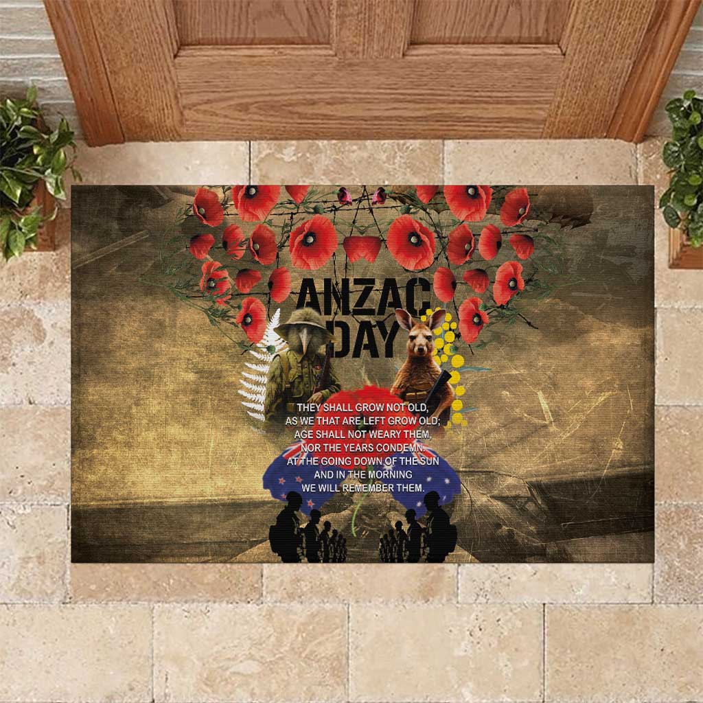 Australia and New Zealand ANZAC Day Rubber Doormat Kangaroo and Kiwi Bird Soldier-Honor and Remember Vintage Style LT03 Beige - Polynesian Pride