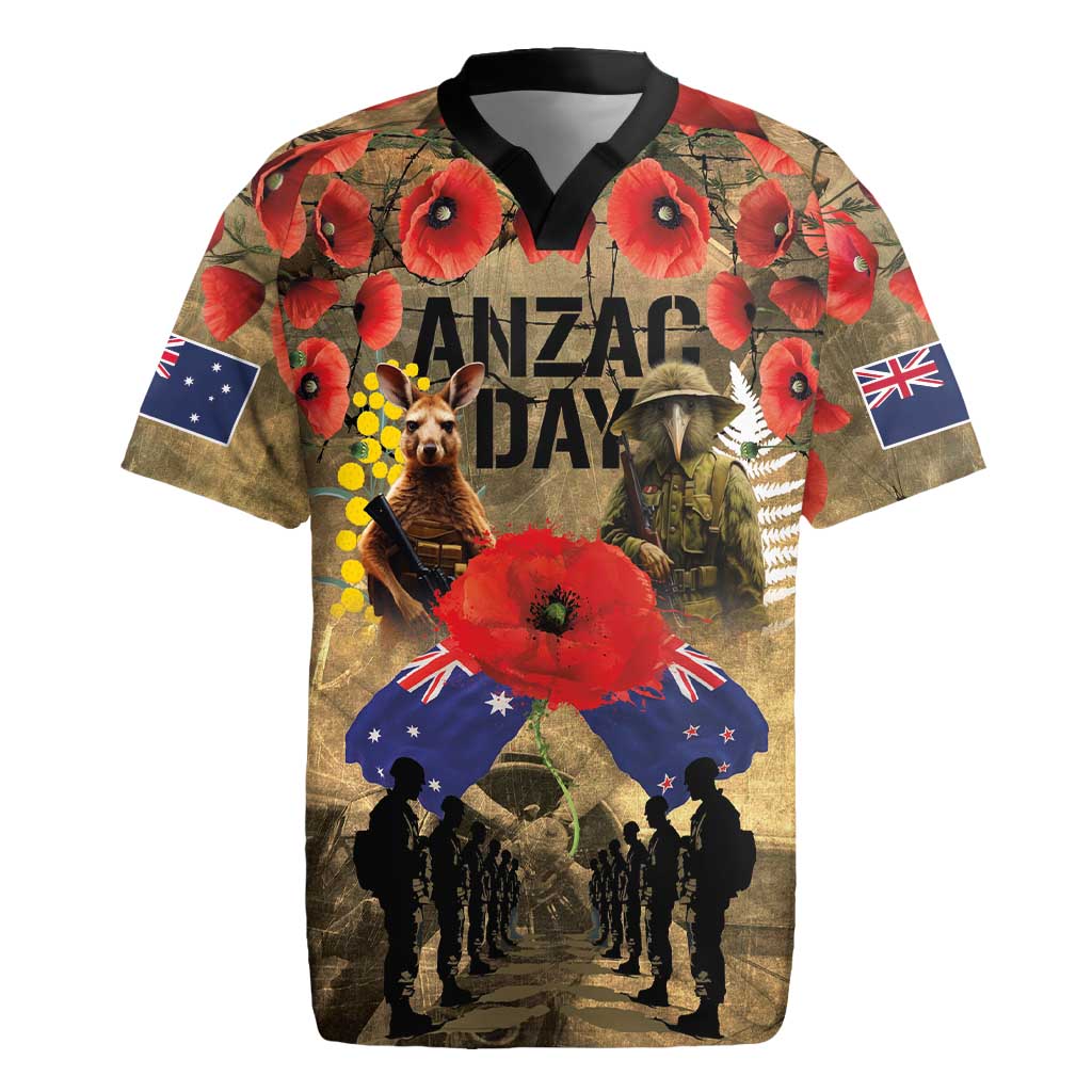 Australia and New Zealand ANZAC Day Rugby Jersey Kangaroo and Kiwi Bird Soldier-Honor and Remember Vintage Style LT03 Beige - Polynesian Pride