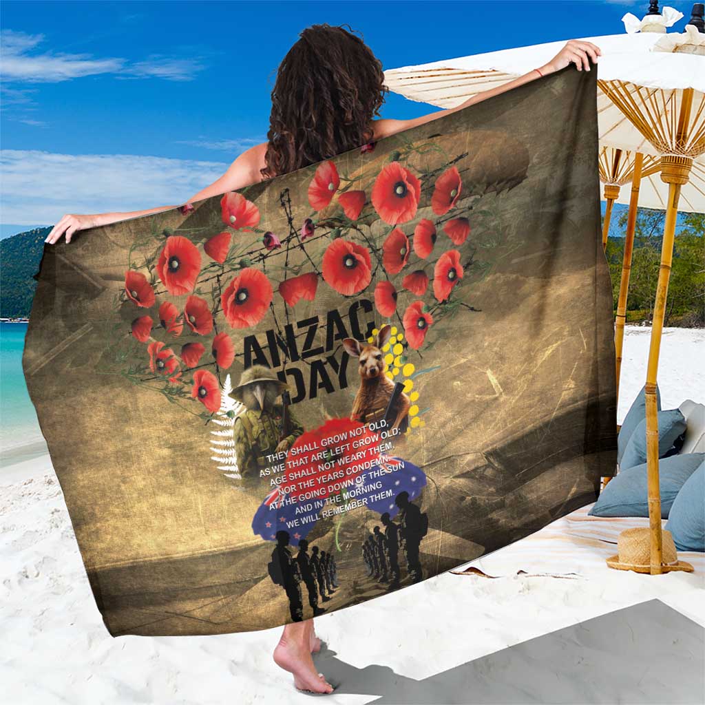 Australia and New Zealand ANZAC Day Sarong Kangaroo and Kiwi Bird Soldier-Honor and Remember Vintage Style LT03 One Size 44 x 66 inches Beige - Polynesian Pride