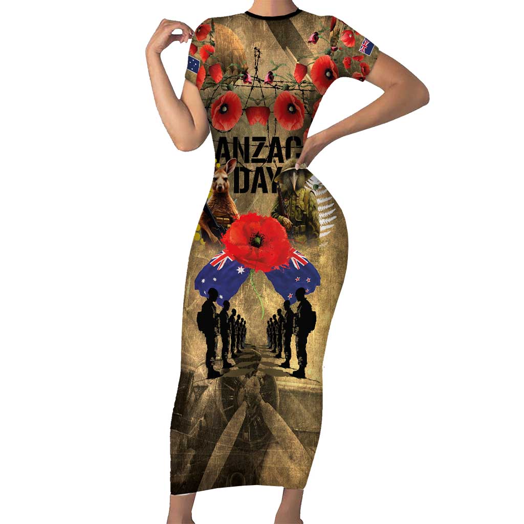 Australia and New Zealand ANZAC Day Short Sleeve Bodycon Dress Kangaroo and Kiwi Bird Soldier-Honor and Remember Vintage Style