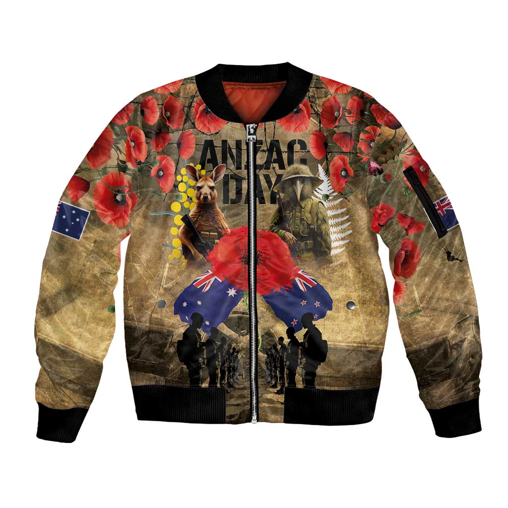 Australia and New Zealand ANZAC Day Sleeve Zip Bomber Jacket Kangaroo and Kiwi Bird Soldier-Honor and Remember Vintage Style LT03 Unisex Beige - Polynesian Pride
