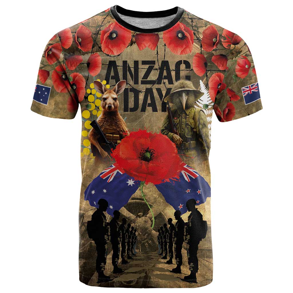 Australia and New Zealand ANZAC Day T Shirt Kangaroo and Kiwi Bird Soldier-Honor and Remember Vintage Style LT03 Beige - Polynesian Pride
