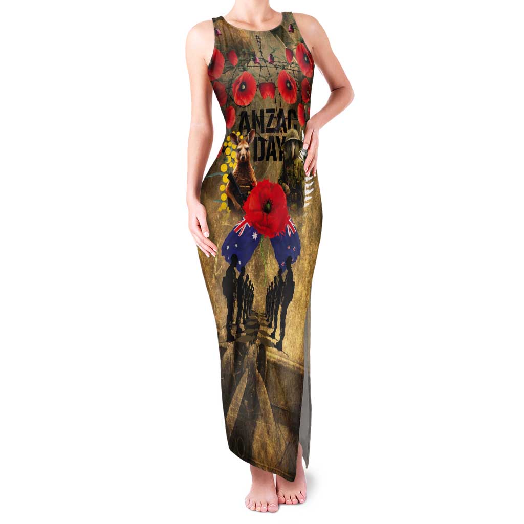 Australia and New Zealand ANZAC Day Tank Maxi Dress Kangaroo and Kiwi Bird Soldier-Honor and Remember Vintage Style