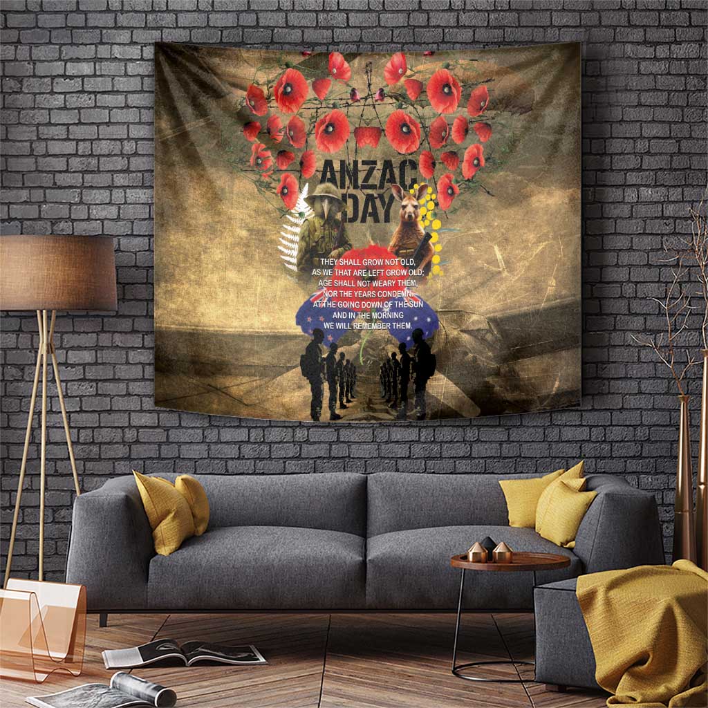 Australia and New Zealand ANZAC Day Tapestry Kangaroo and Kiwi Bird Soldier-Honor and Remember Vintage Style LT03 Beige - Polynesian Pride