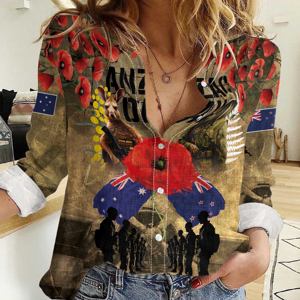 Australia and New Zealand ANZAC Day Women Casual Shirt Kangaroo and Kiwi Bird Soldier-Honor and Remember Vintage Style