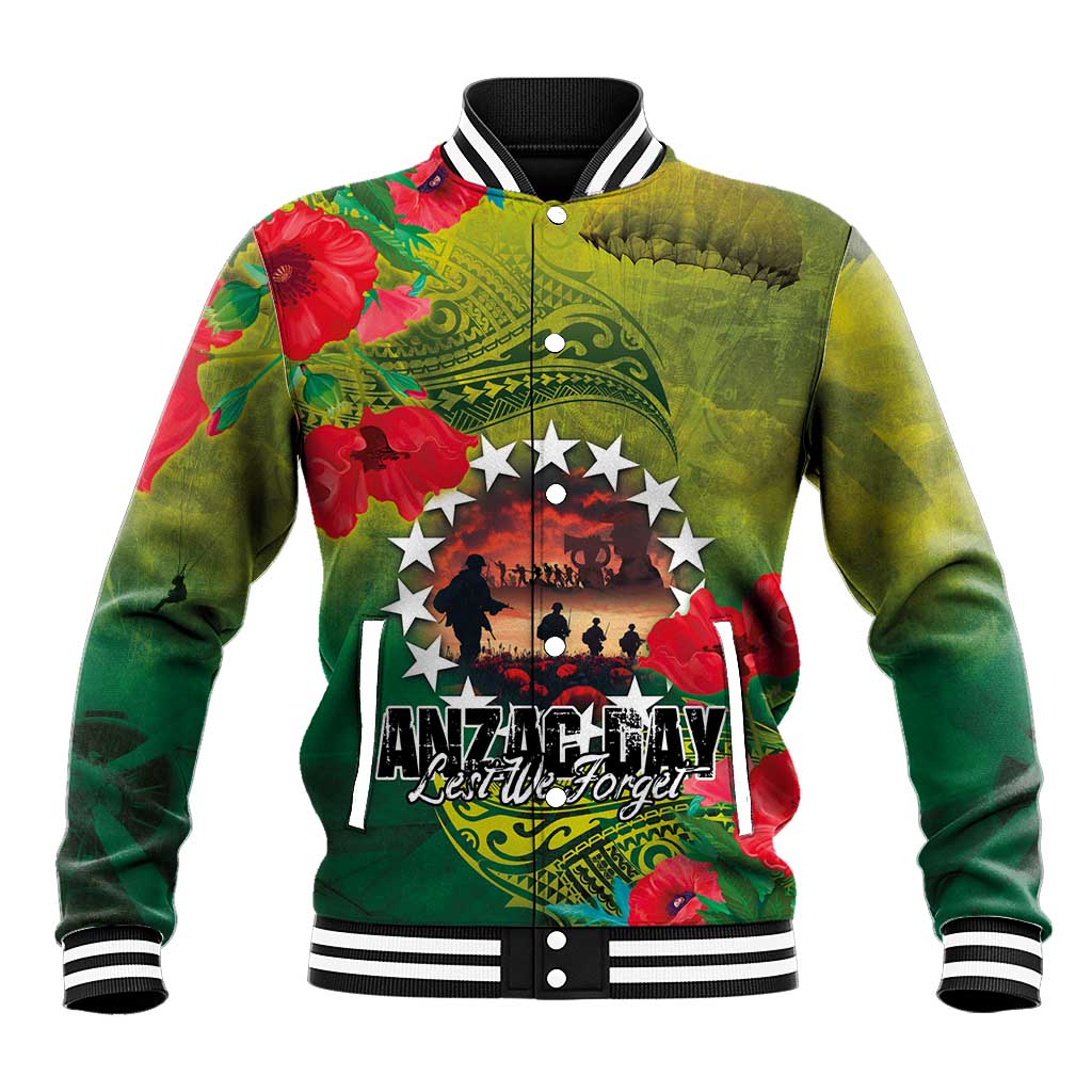 Cook Islands ANDAC Day Baseball Jacket Honor and Remember Soliders-Forever in My Thoughts Grunge Style LT03 Unisex Green-Yellow - Polynesian Pride