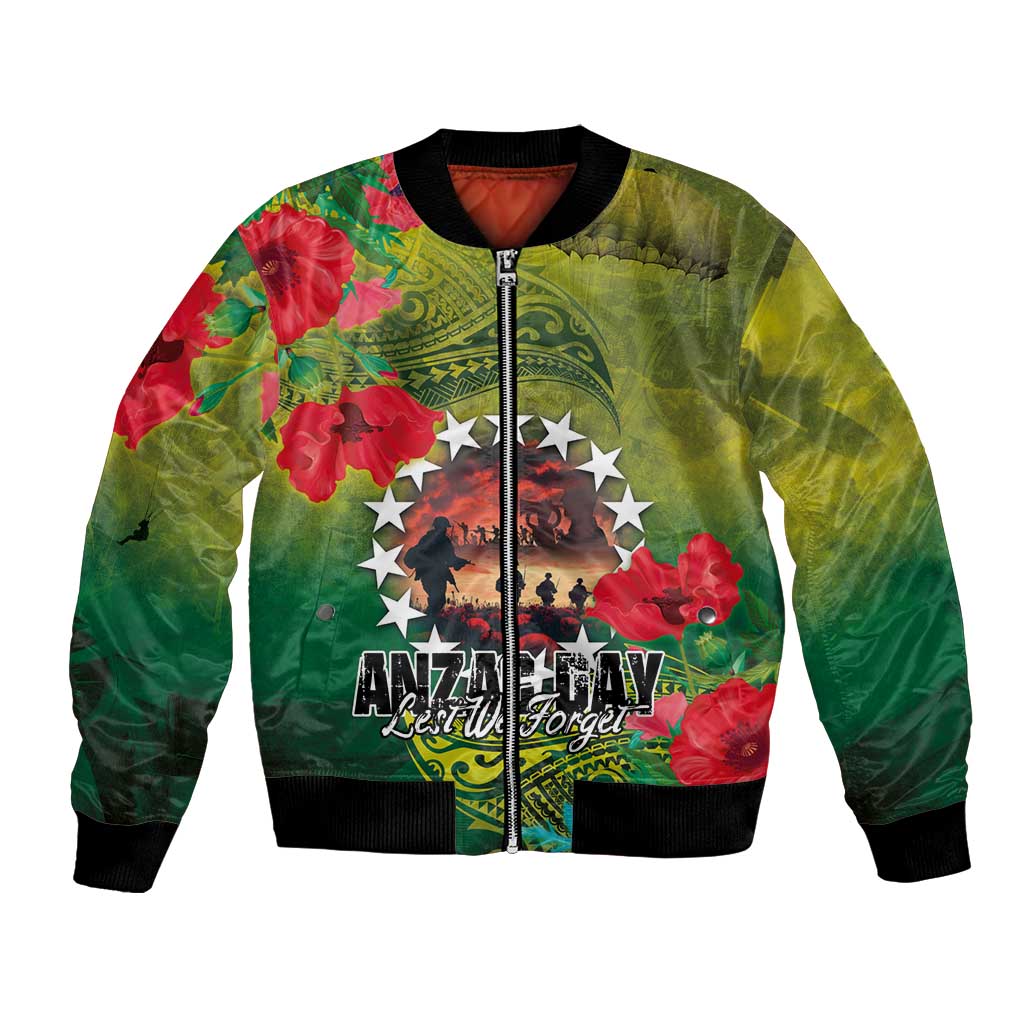 Cook Islands ANDAC Day Bomber Jacket Honor and Remember Soliders-Forever in My Thoughts Grunge Style LT03 Unisex Green-Yellow - Polynesian Pride