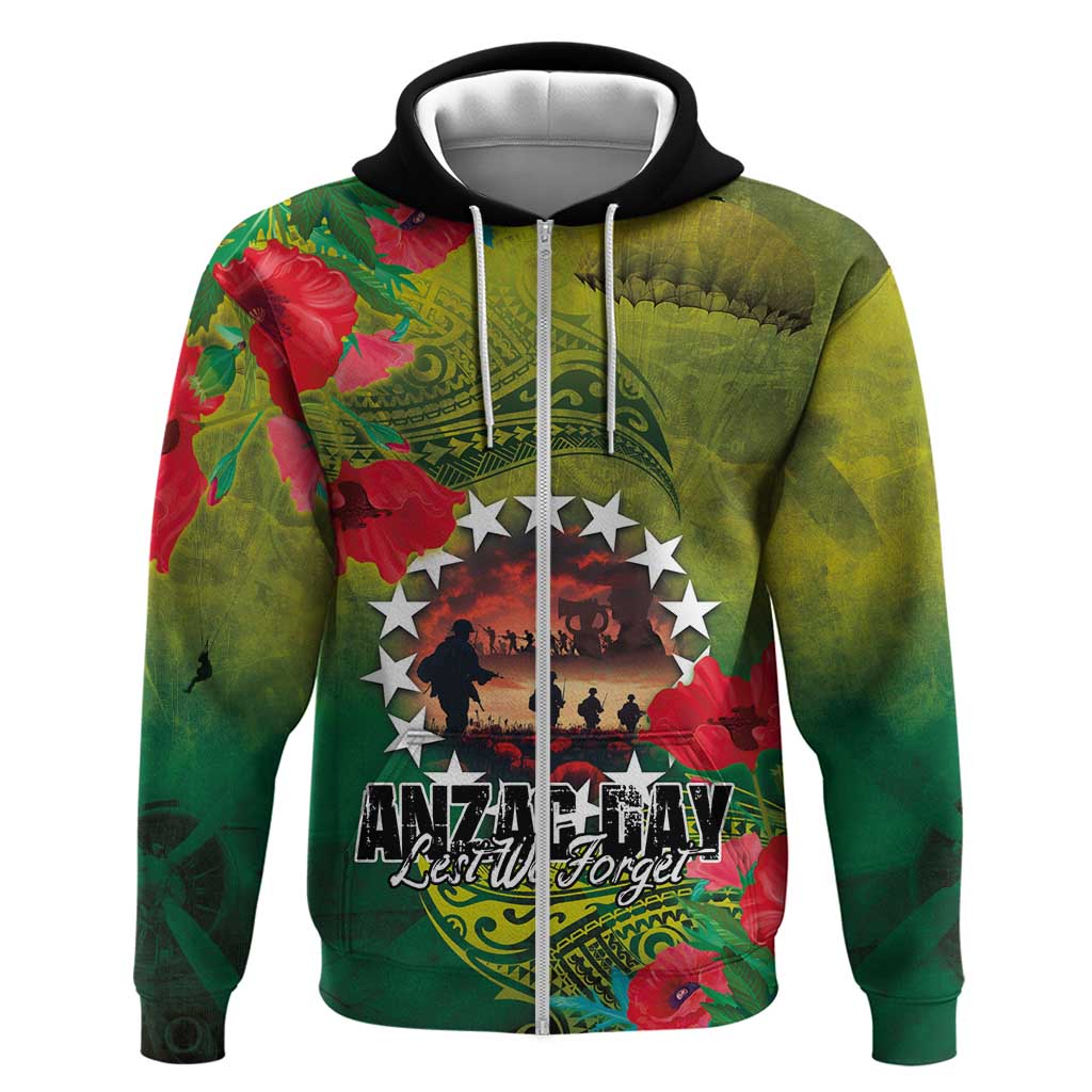 Cook Islands ANDAC Day Hoodie Honor and Remember Soliders-Forever in My Thoughts Grunge Style LT03 Zip Hoodie Green-Yellow - Polynesian Pride