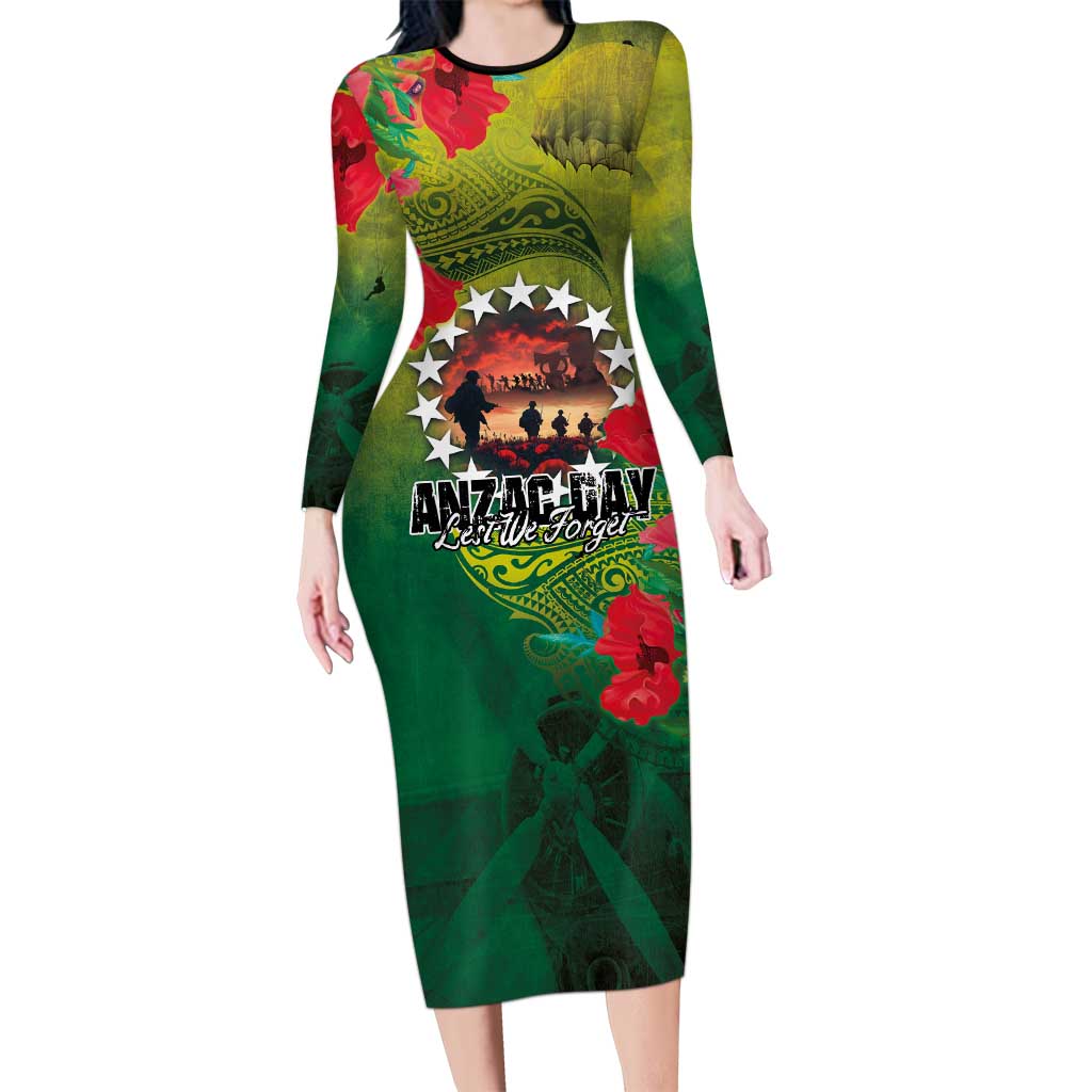 Cook Islands ANDAC Day Long Sleeve Bodycon Dress Honor and Remember Soliders-Forever in My Thoughts Grunge Style