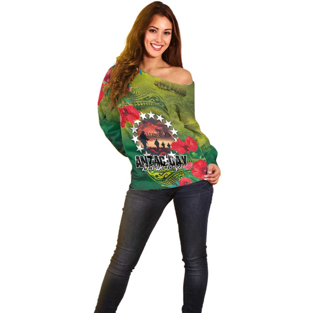 Cook Islands ANDAC Day Off Shoulder Sweater Honor and Remember Soliders-Forever in My Thoughts Grunge Style LT03 - Polynesian Pride
