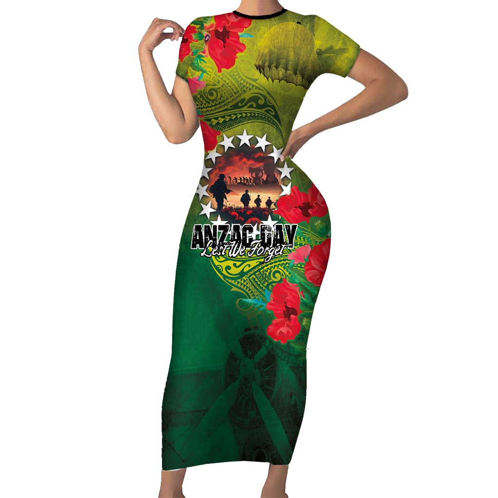 Cook Islands ANDAC Day Short Sleeve Bodycon Dress Honor and Remember Soliders-Forever in My Thoughts Grunge Style LT03 Long Dress Green-Yellow - Polynesian Pride