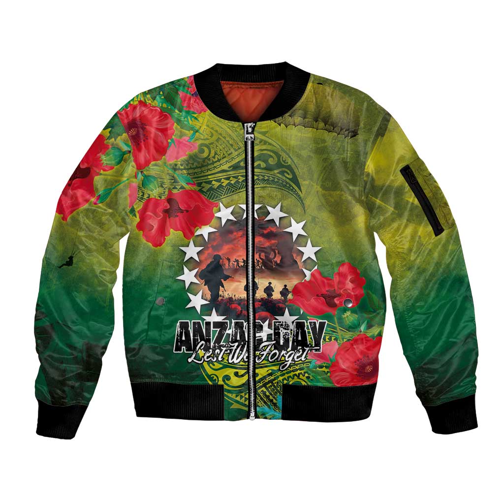 Cook Islands ANDAC Day Sleeve Zip Bomber Jacket Honor and Remember Soliders-Forever in My Thoughts Grunge Style LT03 Unisex Green-Yellow - Polynesian Pride
