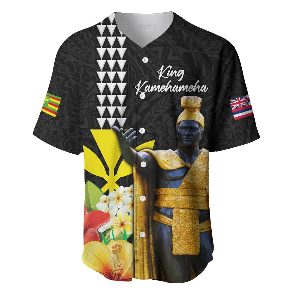 Hawaii King Kamehameha Day Baseball Jersey Kanaka Maoli Hibiscus Flower and Kakau Pattern LT03 Black - Polynesian Pride