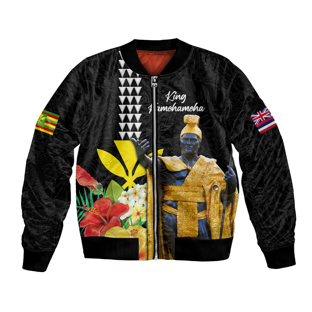 Hawaii King Kamehameha Day Bomber Jacket Kanaka Maoli Hibiscus Flower and Kakau Pattern LT03 Unisex Black - Polynesian Pride
