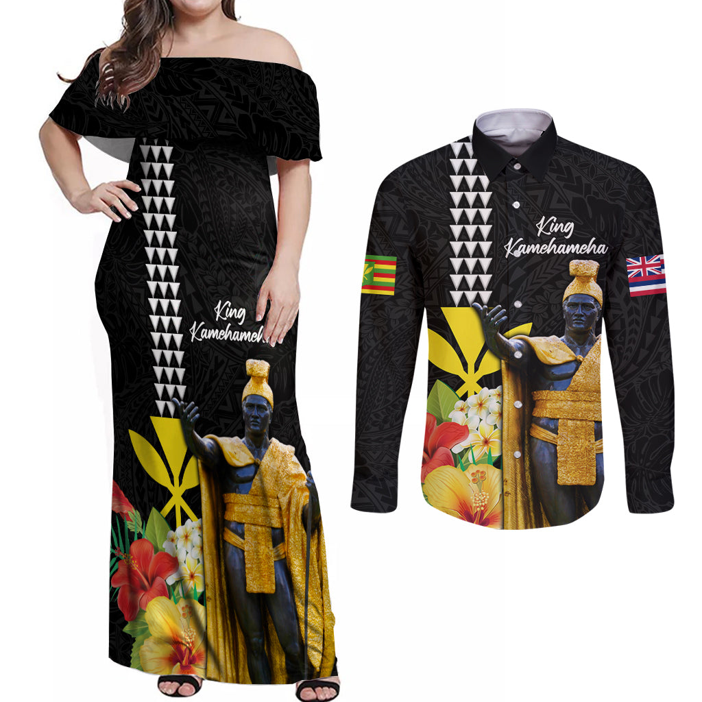 Hawaii King Kamehameha Day Couples Matching Off Shoulder Maxi Dress and Long Sleeve Button Shirt Kanaka Maoli Hibiscus Flower and Kakau Pattern