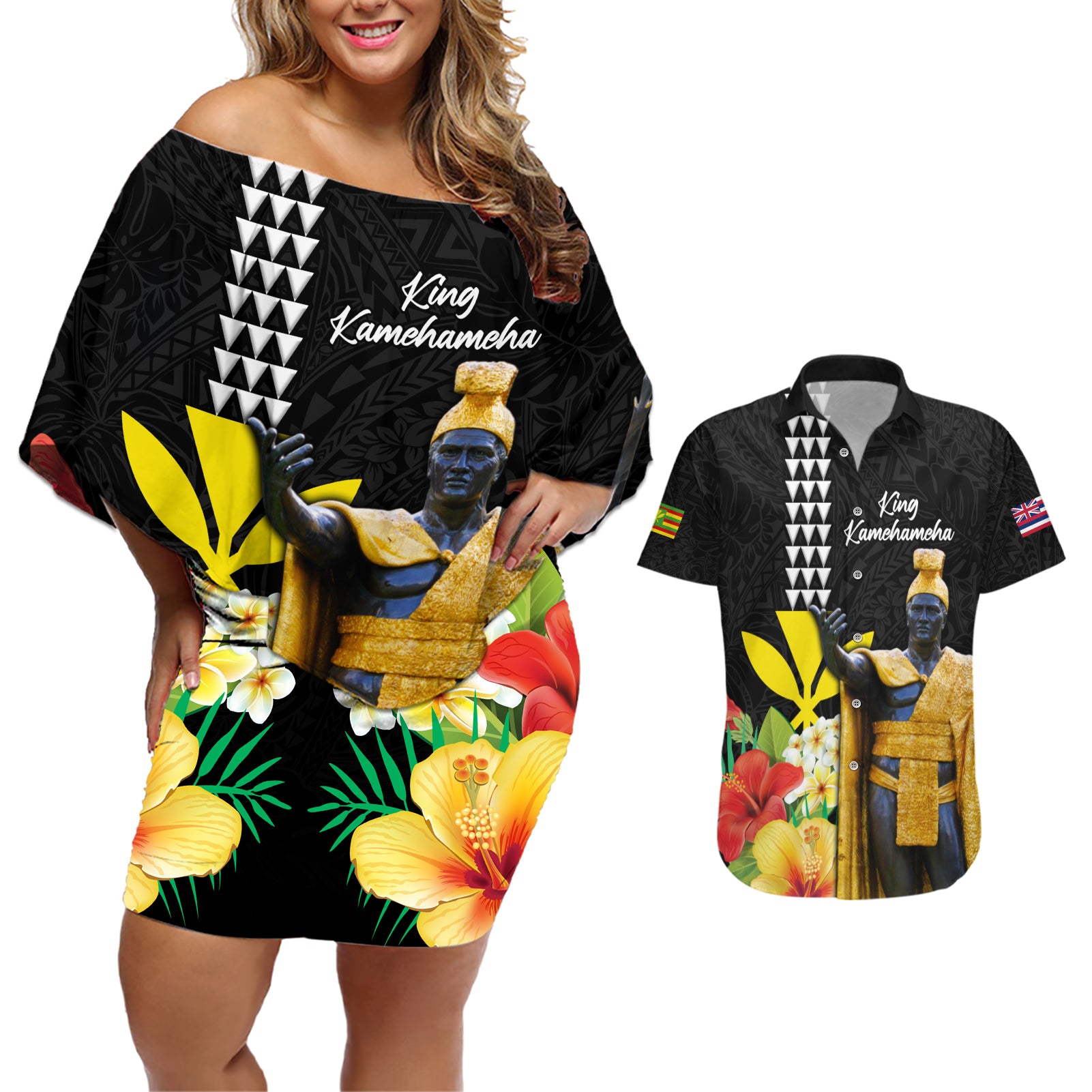 Hawaii King Kamehameha Day Couples Matching Off Shoulder Short Dress and Hawaiian Shirt Kanaka Maoli Hibiscus Flower and Kakau Pattern