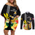 Hawaii King Kamehameha Day Couples Matching Off Shoulder Short Dress and Long Sleeve Button Shirt Kanaka Maoli Hibiscus Flower and Kakau Pattern