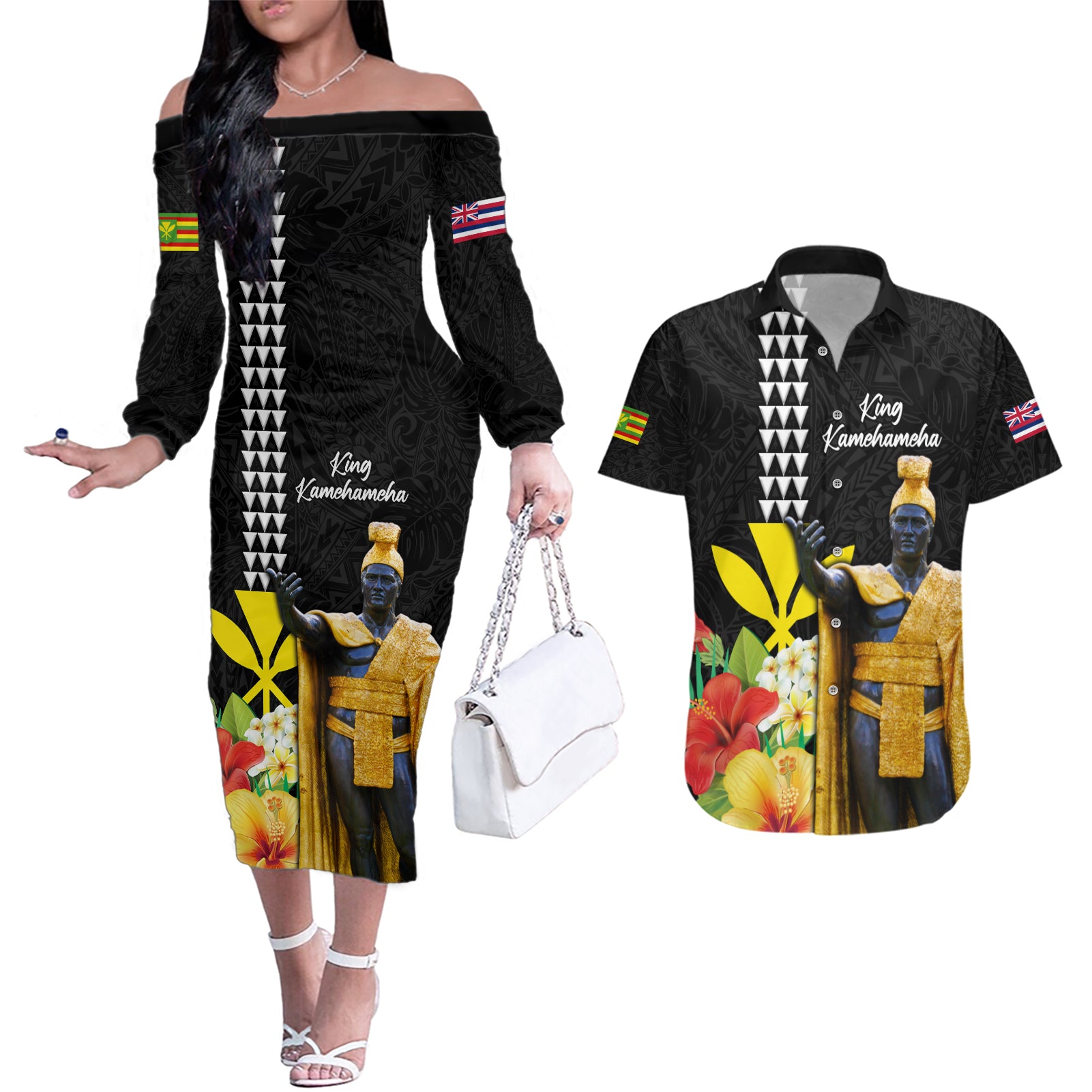 Hawaii King Kamehameha Day Couples Matching Off The Shoulder Long Sleeve Dress and Hawaiian Shirt Kanaka Maoli Hibiscus Flower and Kakau Pattern