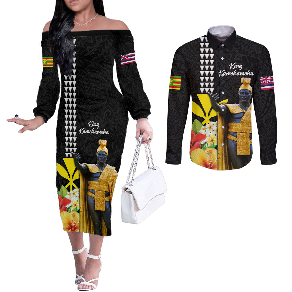 Hawaii King Kamehameha Day Couples Matching Off The Shoulder Long Sleeve Dress and Long Sleeve Button Shirt Kanaka Maoli Hibiscus Flower and Kakau Pattern