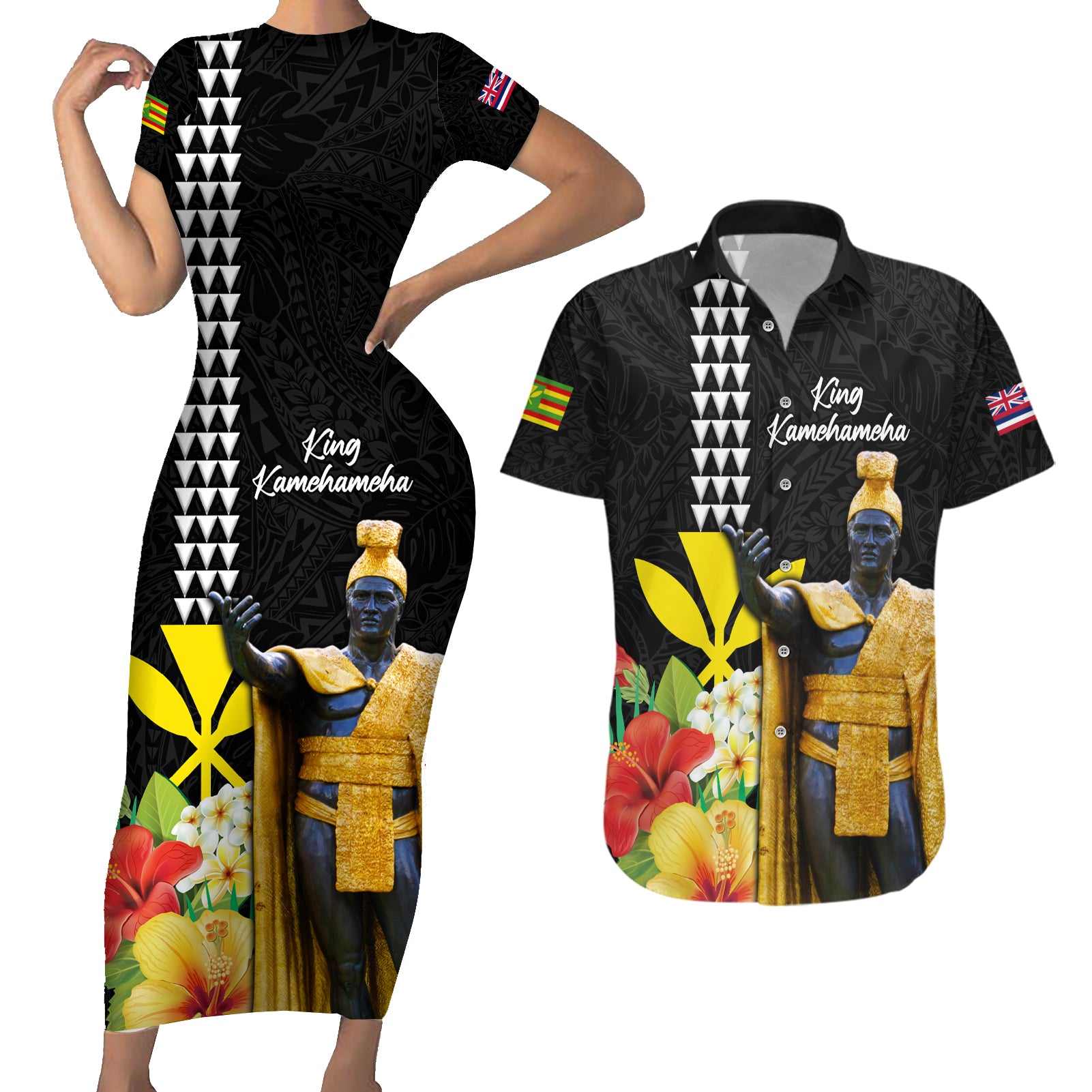 Hawaii King Kamehameha Day Couples Matching Short Sleeve Bodycon Dress and Hawaiian Shirt Kanaka Maoli Hibiscus Flower and Kakau Pattern