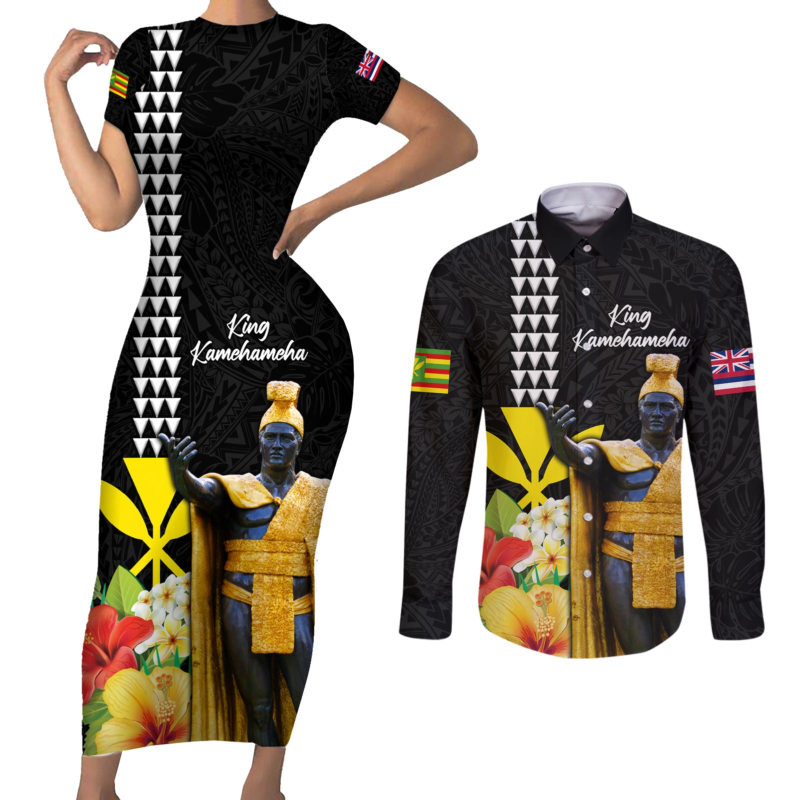 Hawaii King Kamehameha Day Couples Matching Short Sleeve Bodycon Dress and Long Sleeve Button Shirt Kanaka Maoli Hibiscus Flower and Kakau Pattern