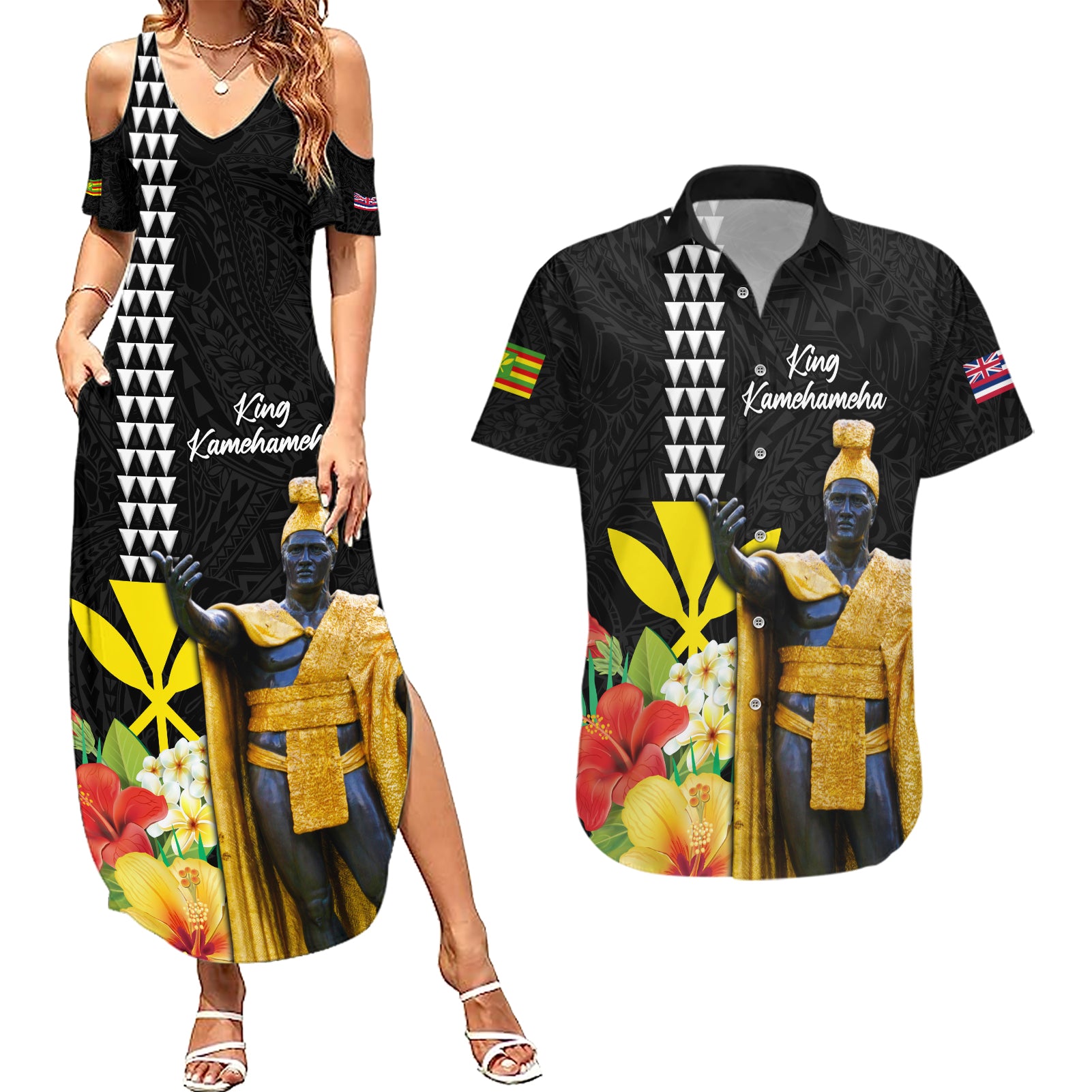 Hawaii King Kamehameha Day Couples Matching Summer Maxi Dress and Hawaiian Shirt Kanaka Maoli Hibiscus Flower and Kakau Pattern