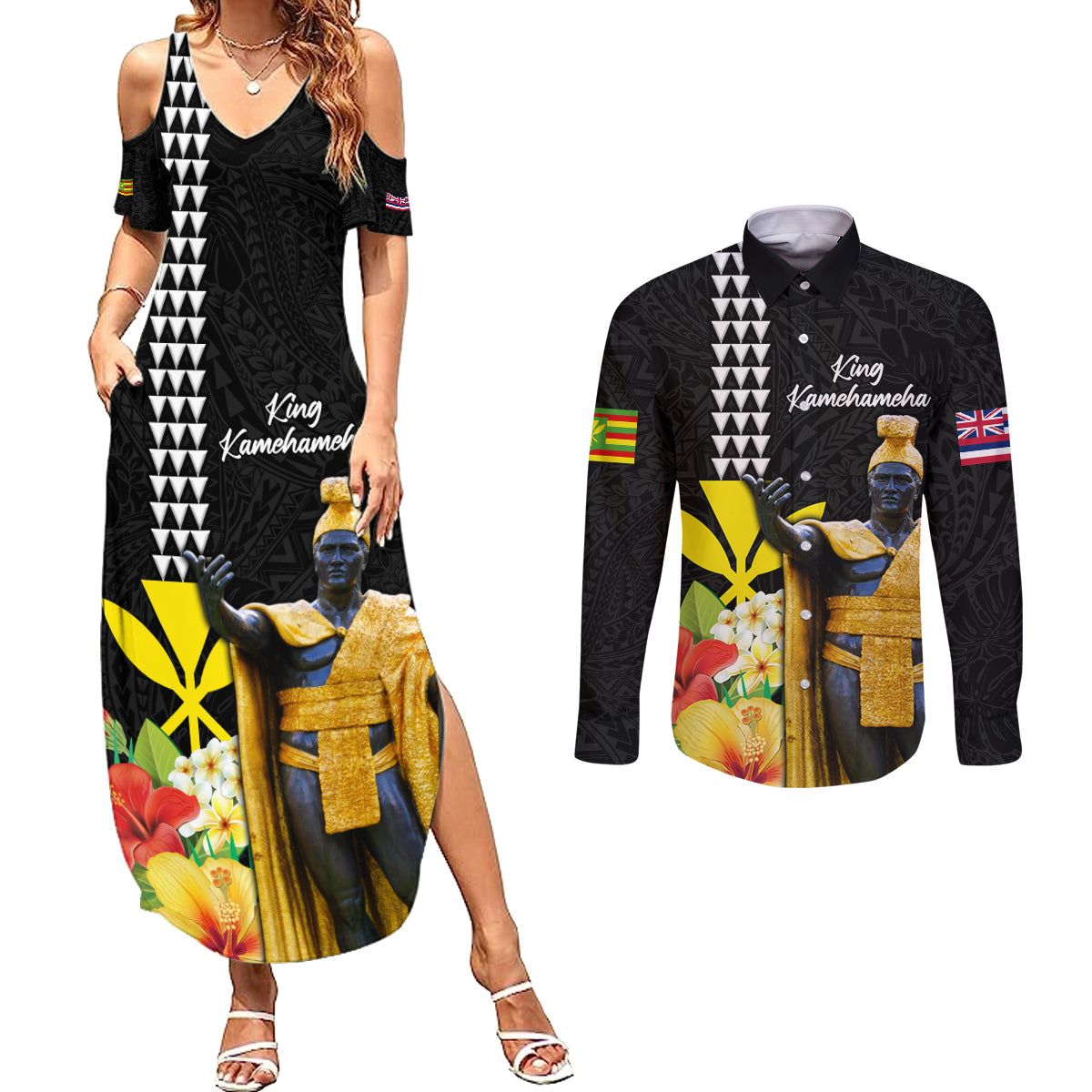 Hawaii King Kamehameha Day Couples Matching Summer Maxi Dress and Long Sleeve Button Shirt Kanaka Maoli Hibiscus Flower and Kakau Pattern