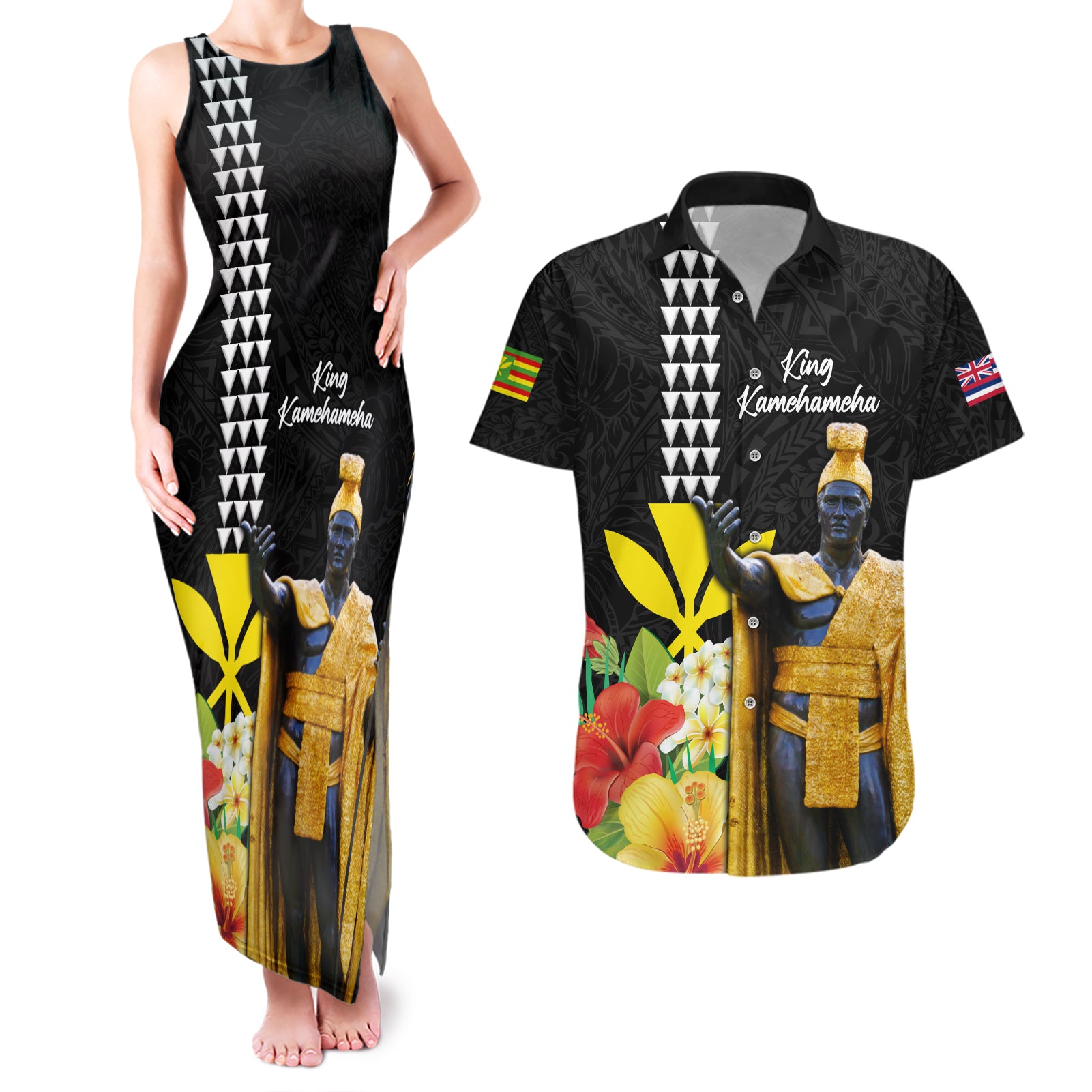 Hawaii King Kamehameha Day Couples Matching Tank Maxi Dress and Hawaiian Shirt Kanaka Maoli Hibiscus Flower and Kakau Pattern