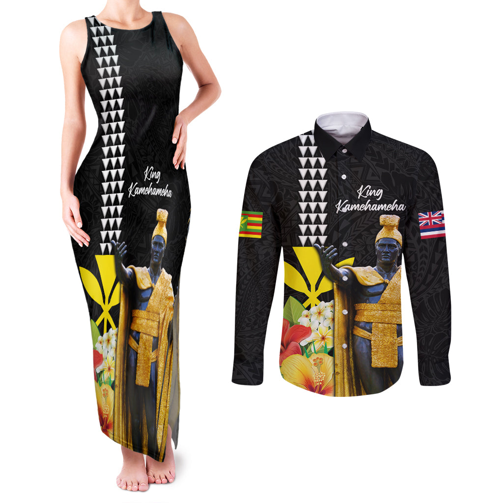 Hawaii King Kamehameha Day Couples Matching Tank Maxi Dress and Long Sleeve Button Shirt Kanaka Maoli Hibiscus Flower and Kakau Pattern